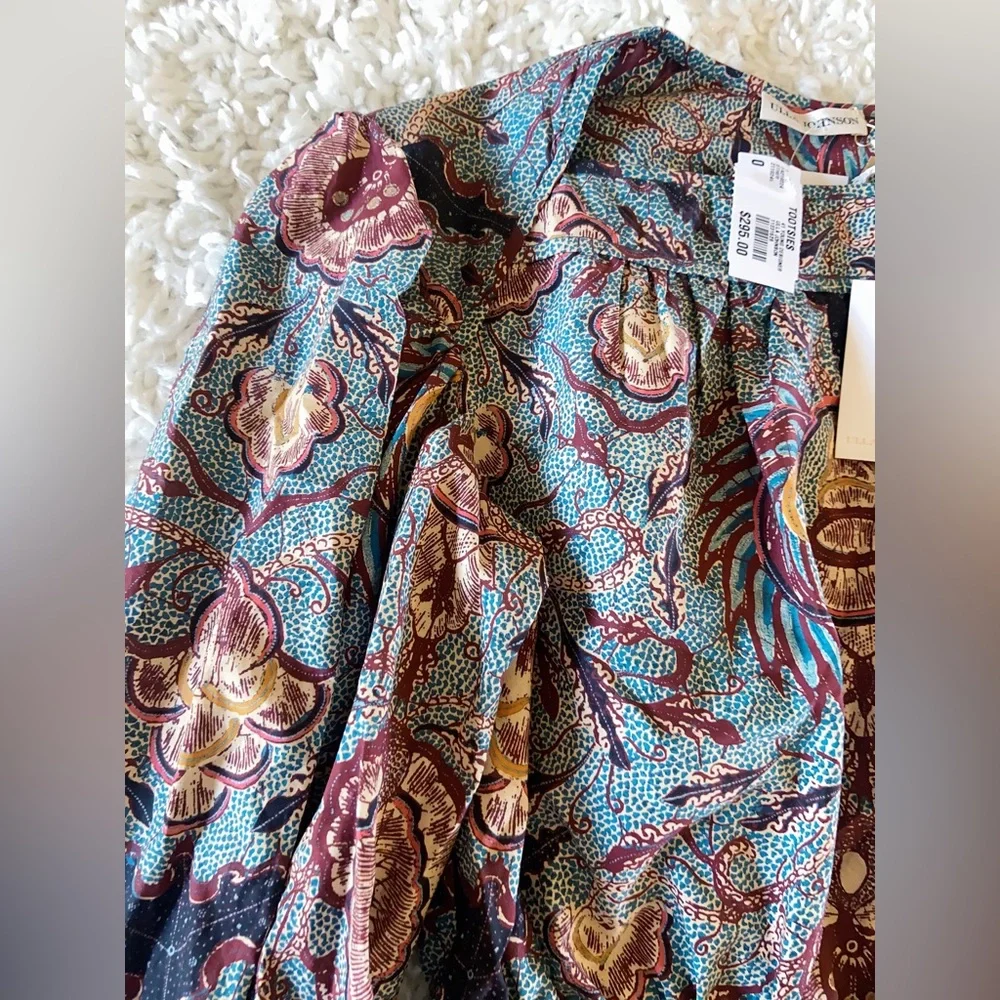 NWT Ulla Johnson Slate blue/grey red Mireya peplum cotton blouse